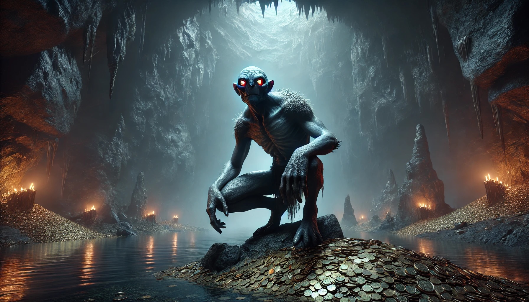 Gollum in a cave with treasure